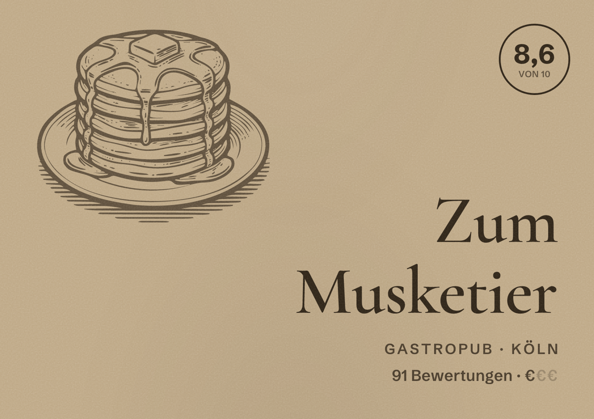 Illustriertes Poster von Zum Musketier, Gastropub in Köln: Bewertung 8,6 von 10 aus 91 Bewertungen, Preisniveau €