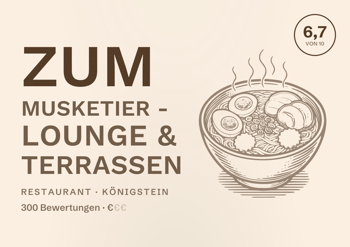 Illustriertes Poster von Zum Musketier - Lounge & Terrassen, Restaurant in Königstein: Bewertung 6,7 von 10 aus 300 Bewertungen, Preisniveau €