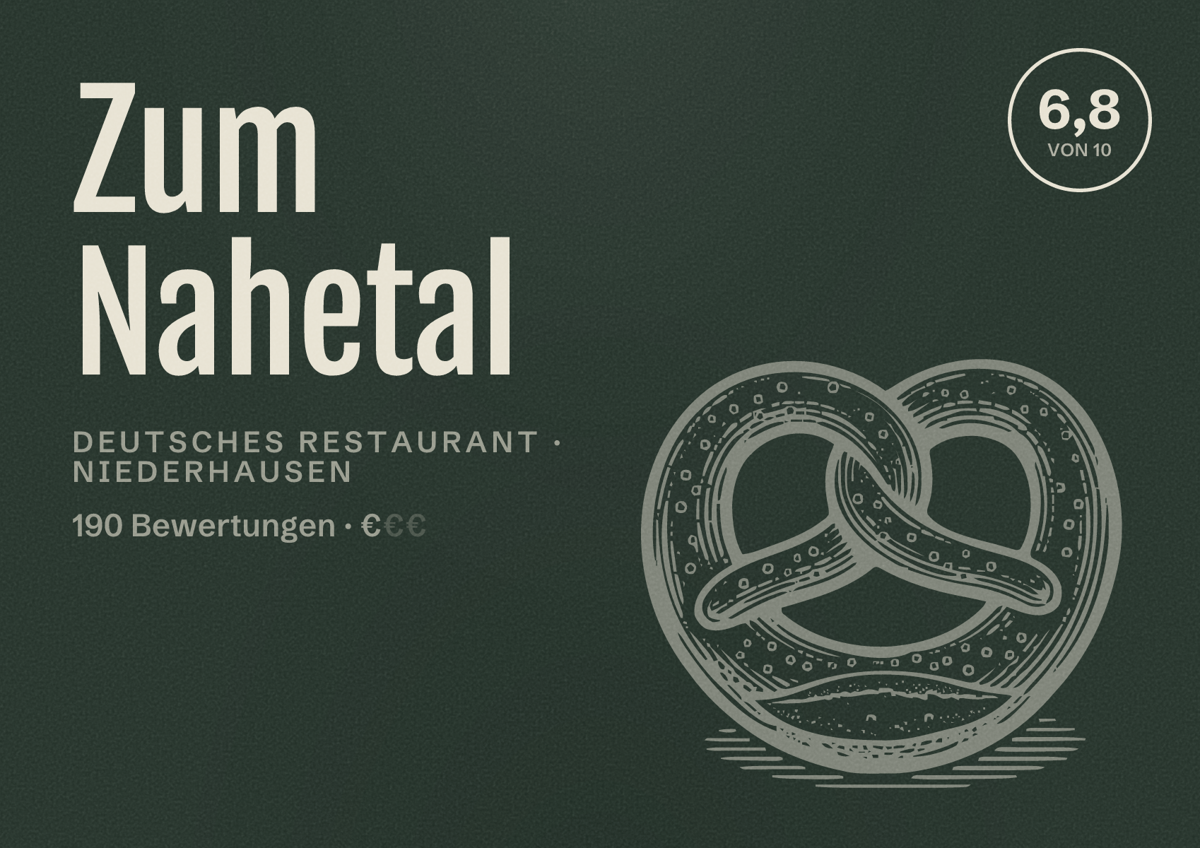 Illustriertes Poster von Zum Nahetal, Deutsches Restaurant in Niederhausen: Bewertung 6,8 von 10 aus 190 Bewertungen, Preisniveau €