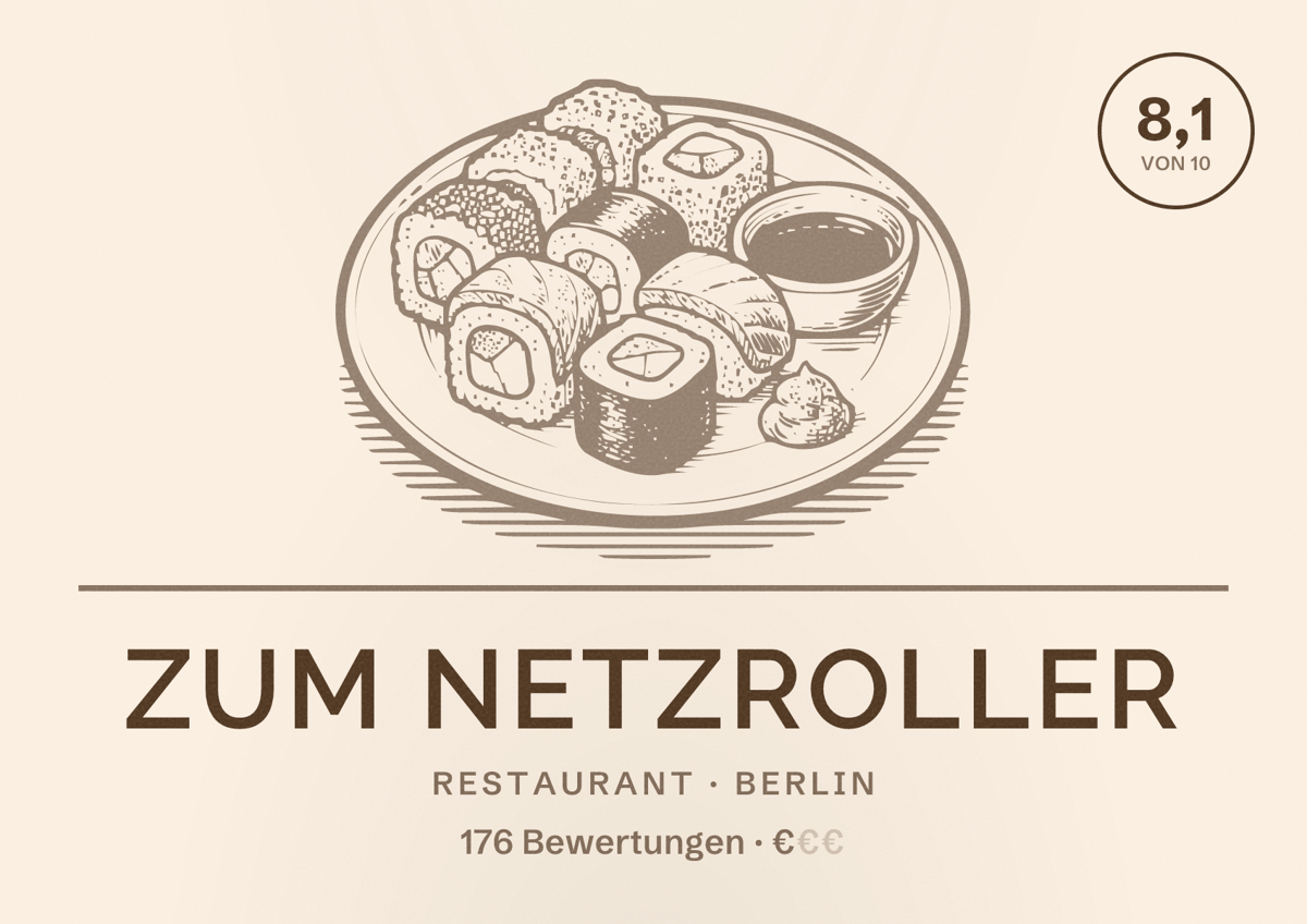 Illustriertes Poster von Zum Netzroller, Restaurant in Berlin: Bewertung 8,1 von 10 aus 176 Bewertungen, Preisniveau €