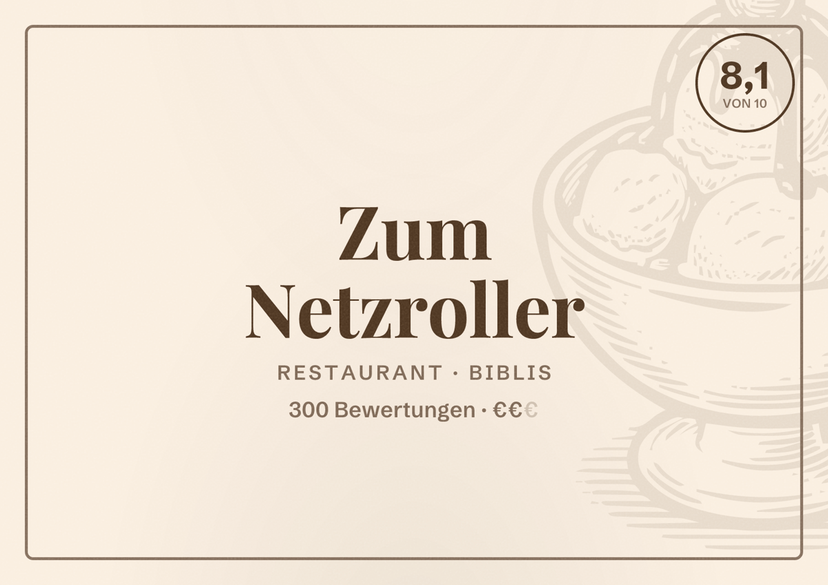 Illustriertes Poster von Zum Netzroller, Restaurant in Biblis: Bewertung 8,1 von 10 aus 300 Bewertungen, Preisniveau €€