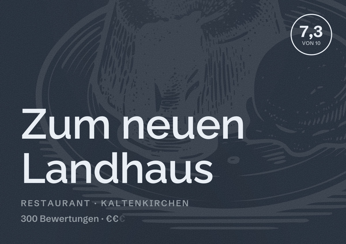 Illustriertes Poster von Zum neuen Landhaus, Restaurant in Kaltenkirchen: Bewertung 7,3 von 10 aus 300 Bewertungen, Preisniveau €€