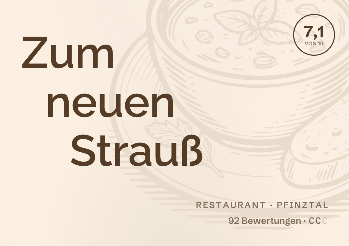 Illustriertes Poster von Zum neuen Strauß, Restaurant in Pfinztal: Bewertung 7,1 von 10 aus 92 Bewertungen, Preisniveau €€