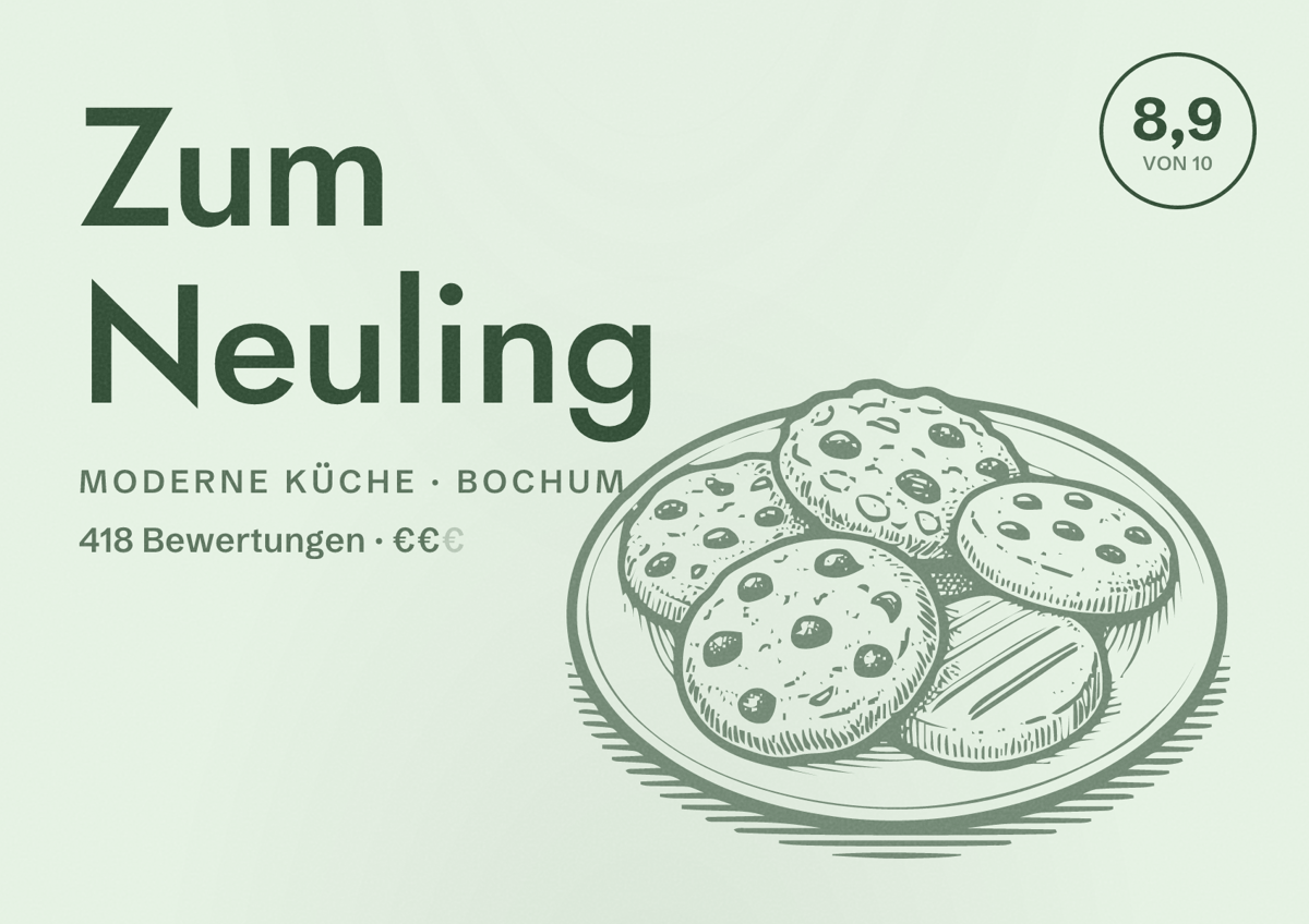 Illustriertes Poster von Zum Neuling, Moderne Küche in Bochum: Bewertung 8,9 von 10 aus 418 Bewertungen, Preisniveau €€