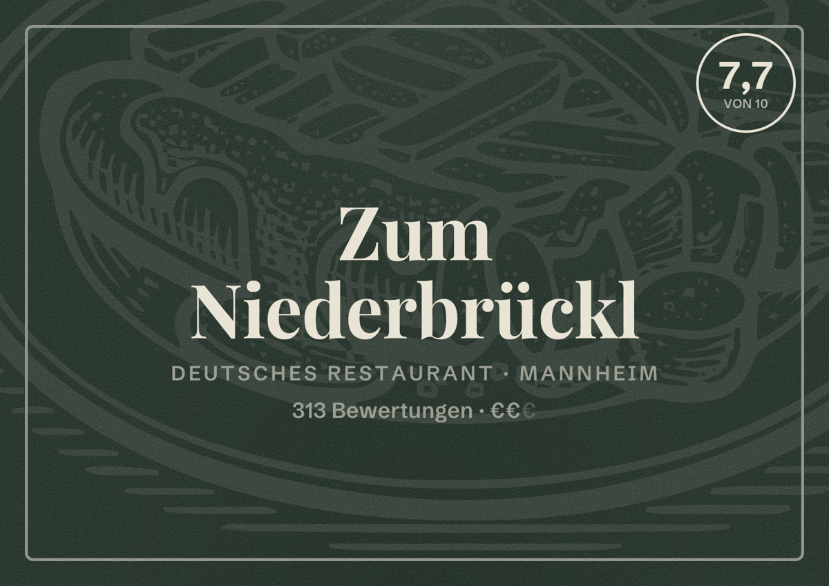 Illustriertes Poster von Zum Niederbrückl, Deutsches Restaurant in Mannheim: Bewertung 7,7 von 10 aus 313 Bewertungen, Preisniveau €€