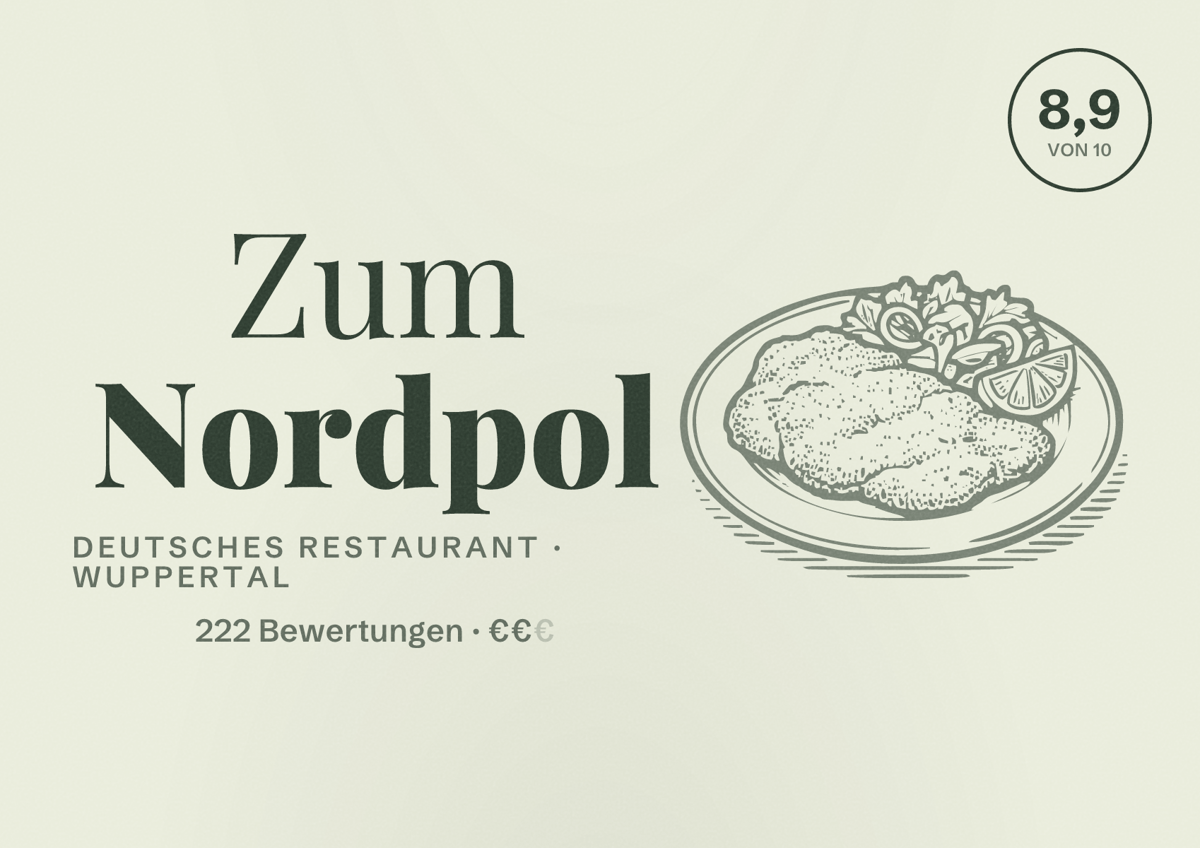 Illustriertes Poster von Zum Nordpol, Deutsches Restaurant in Wuppertal: Bewertung 8,8 von 10 aus 222 Bewertungen, Preisniveau €€