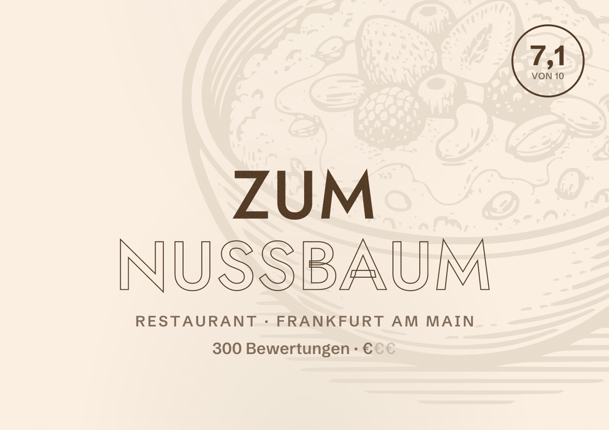Illustriertes Poster von Zum Nussbaum, Restaurant in Frankfurt am Main: Bewertung 7,1 von 10 aus 300 Bewertungen, Preisniveau €