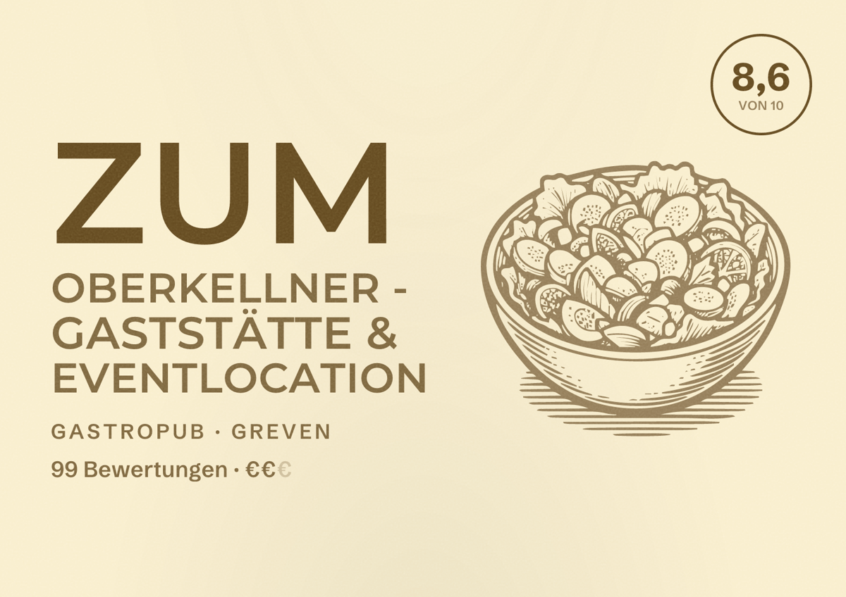 Illustriertes Poster von Zum Oberkellner - Gaststätte & Eventlocation, Gastropub in Greven: Bewertung 8,6 von 10 aus 99 Bewertungen, Preisniveau €€