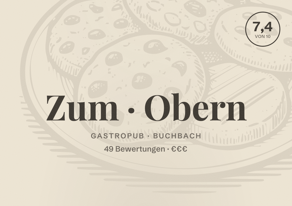 Illustriertes Poster von Zum Obern, Gastropub in Buchbach: Bewertung 7,4 von 10 aus 49 Bewertungen, Preisniveau €€€