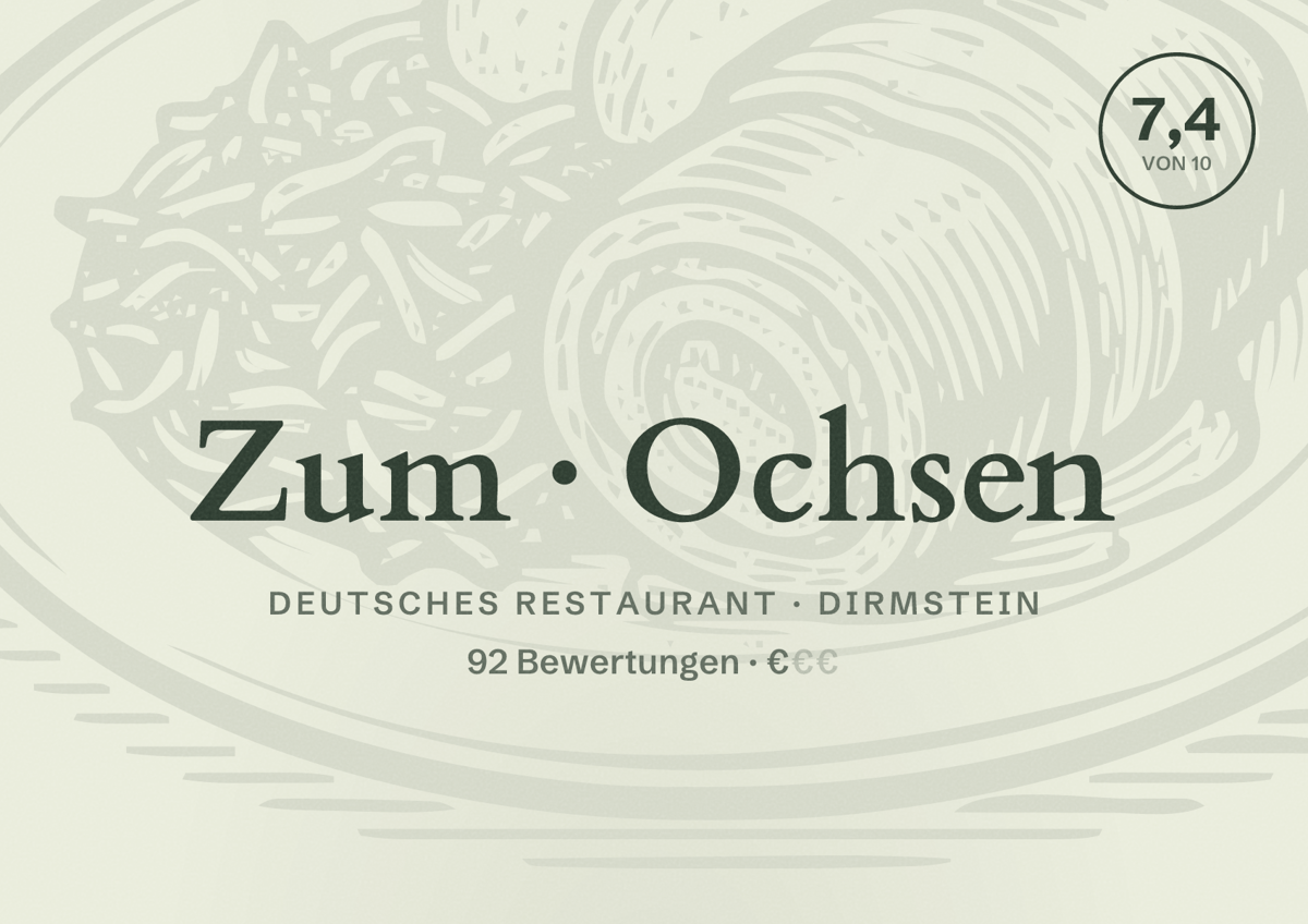 Illustriertes Poster von Zum Ochsen, Deutsches Restaurant in Dirmstein: Bewertung 7,4 von 10 aus 92 Bewertungen, Preisniveau €