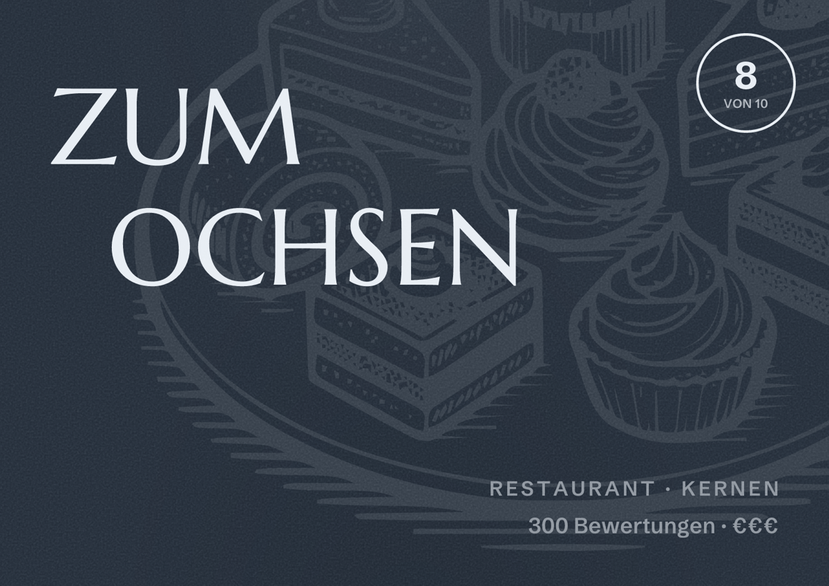 Illustriertes Poster von ZUM OCHSEN, Restaurant in Kernen: Bewertung 8 von 10 aus 300 Bewertungen, Preisniveau €€€