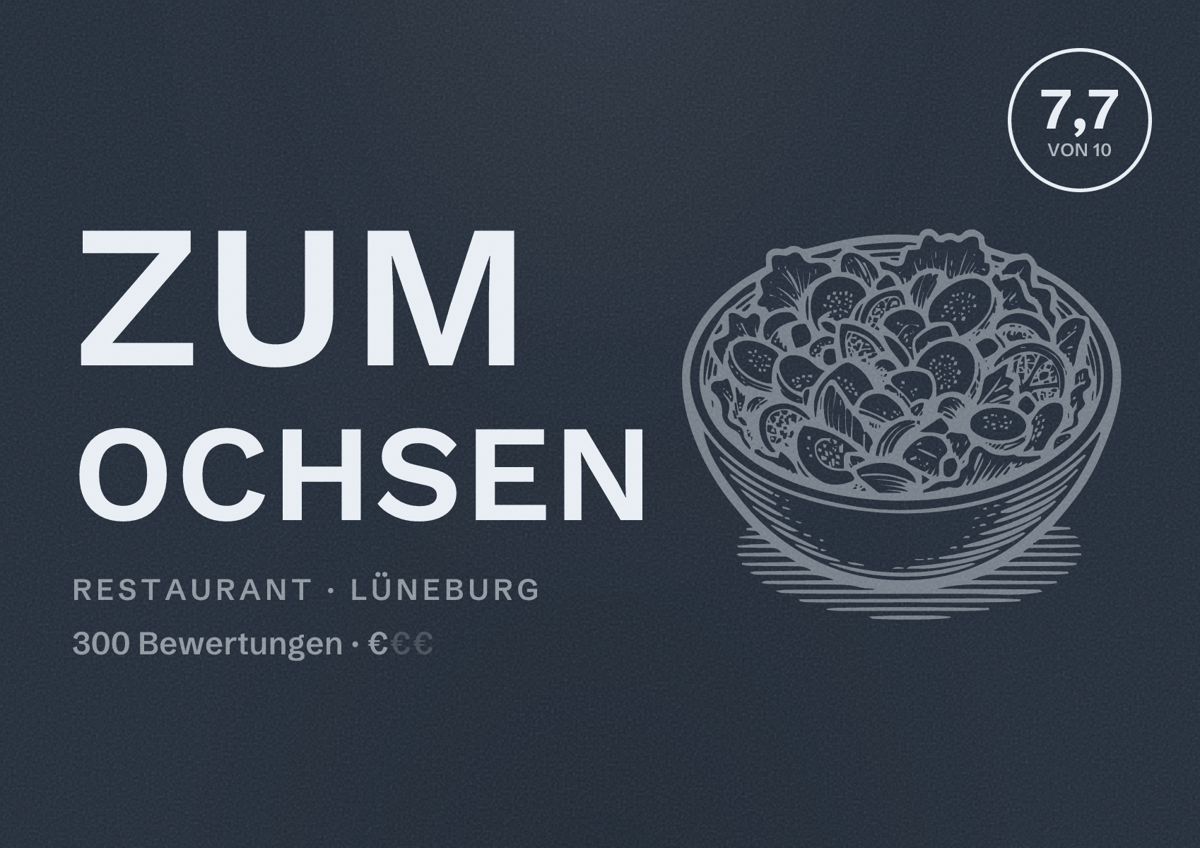 Illustriertes Poster von Zum Ochsen, Restaurant in Lüneburg: Bewertung 7,7 von 10 aus 300 Bewertungen, Preisniveau €