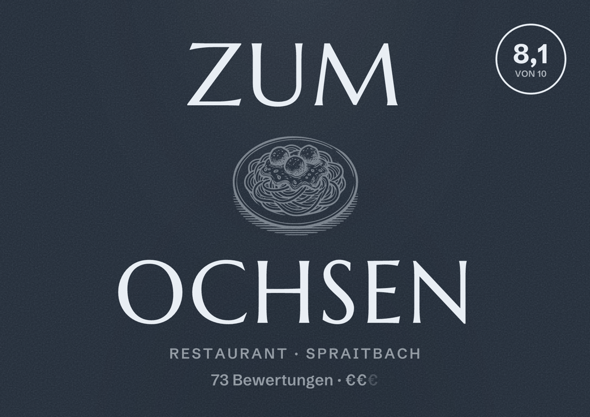 Illustriertes Poster von Zum Ochsen, Restaurant in Spraitbach: Bewertung 8,1 von 10 aus 73 Bewertungen, Preisniveau €€
