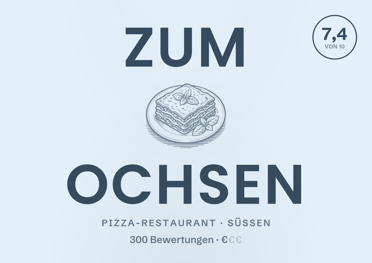 Illustriertes Poster von Zum Ochsen, Pizza-Restaurant in Süßen: Bewertung 7,4 von 10 aus 300 Bewertungen, Preisniveau €