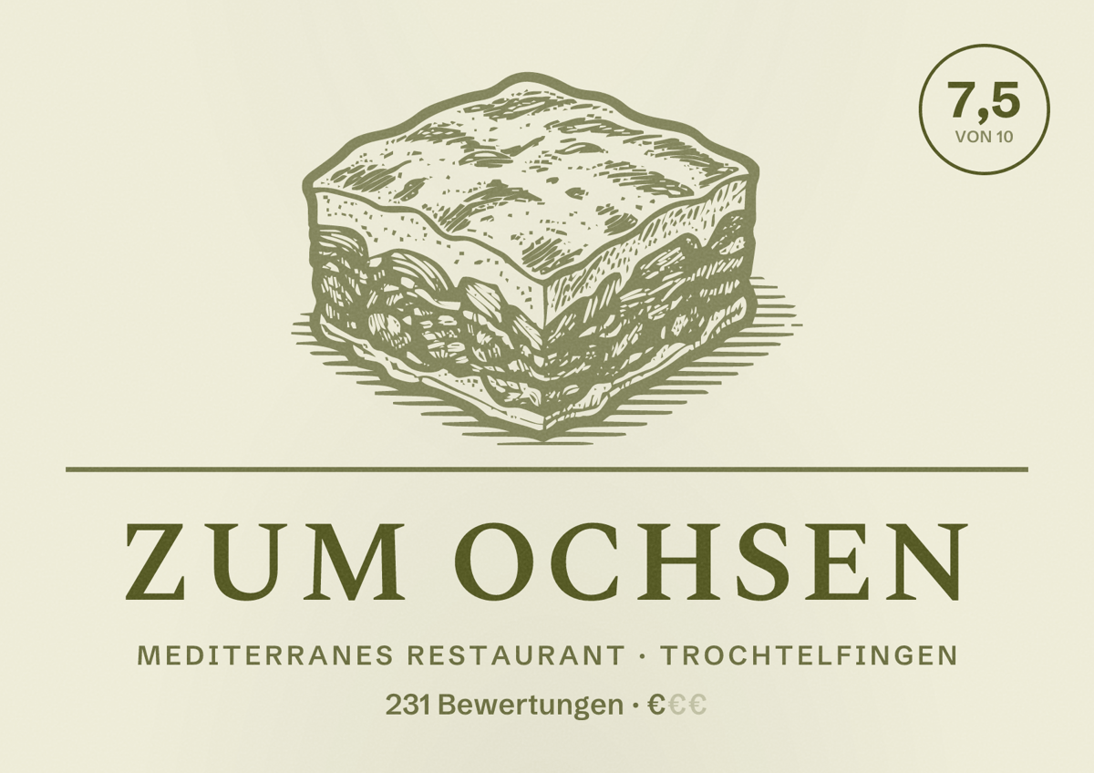 Illustriertes Poster von Zum Ochsen, Mediterranes Restaurant in Trochtelfingen: Bewertung 7,5 von 10 aus 231 Bewertungen, Preisniveau €