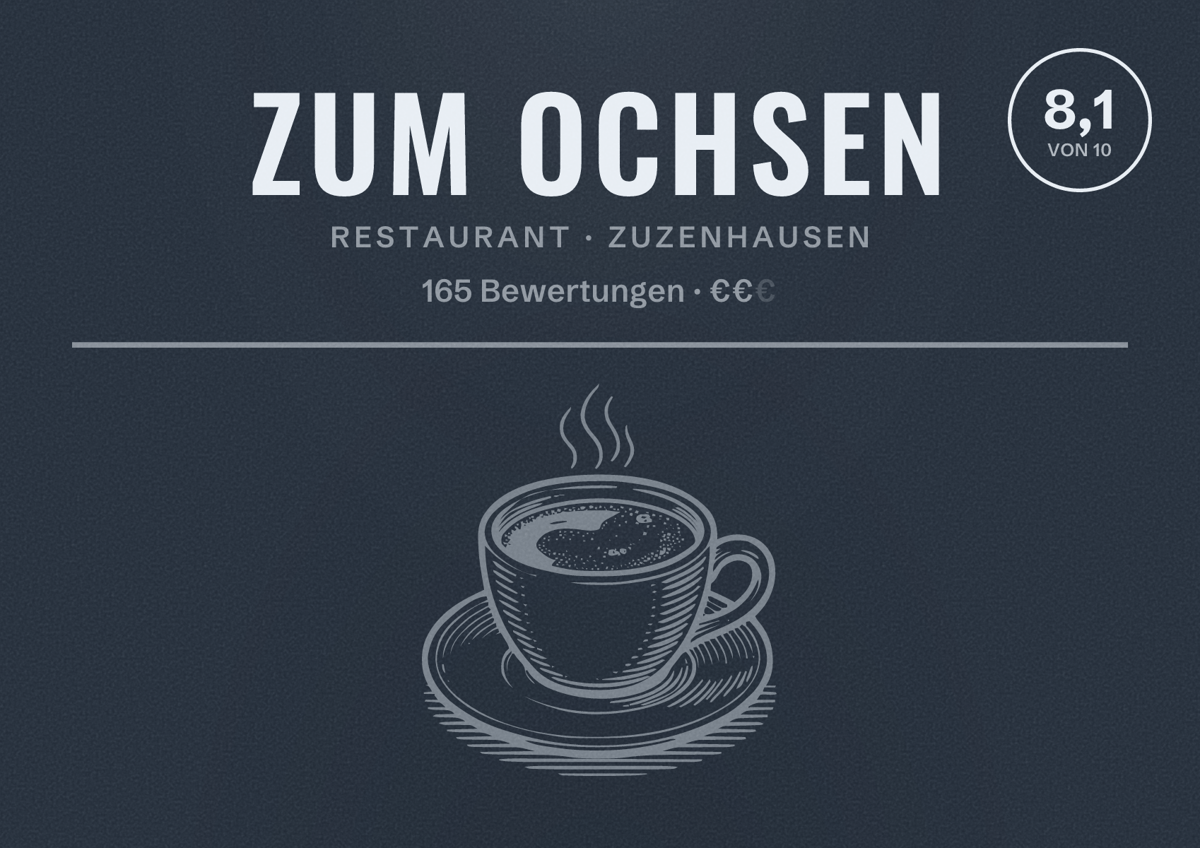 Illustriertes Poster von Zum Ochsen, Restaurant in Zuzenhausen: Bewertung 8,1 von 10 aus 165 Bewertungen, Preisniveau €€