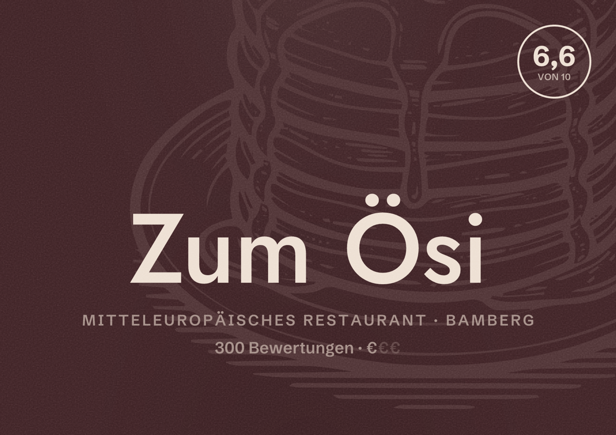 Illustriertes Poster von Zum Ösi, Mitteleuropäisches Restaurant in Bamberg: Bewertung 6,6 von 10 aus 300 Bewertungen, Preisniveau €