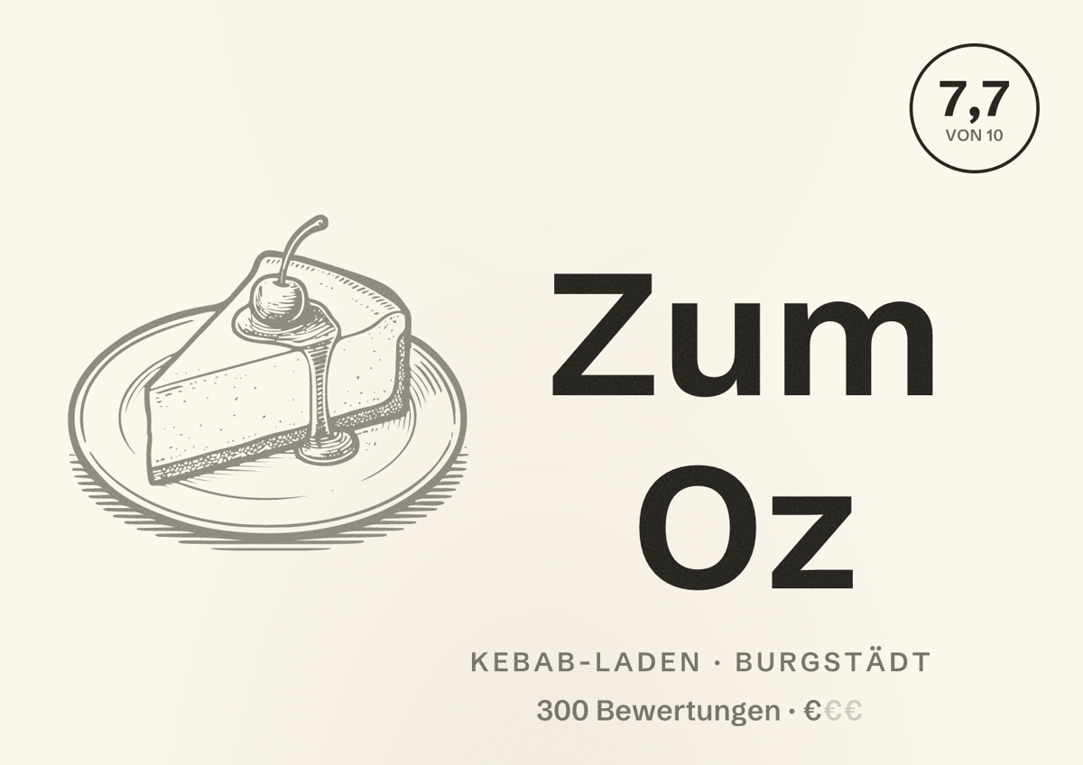 Illustriertes Poster von Zum Oz, Kebab-Laden in Burgstädt: Bewertung 7,7 von 10 aus 300 Bewertungen, Preisniveau €