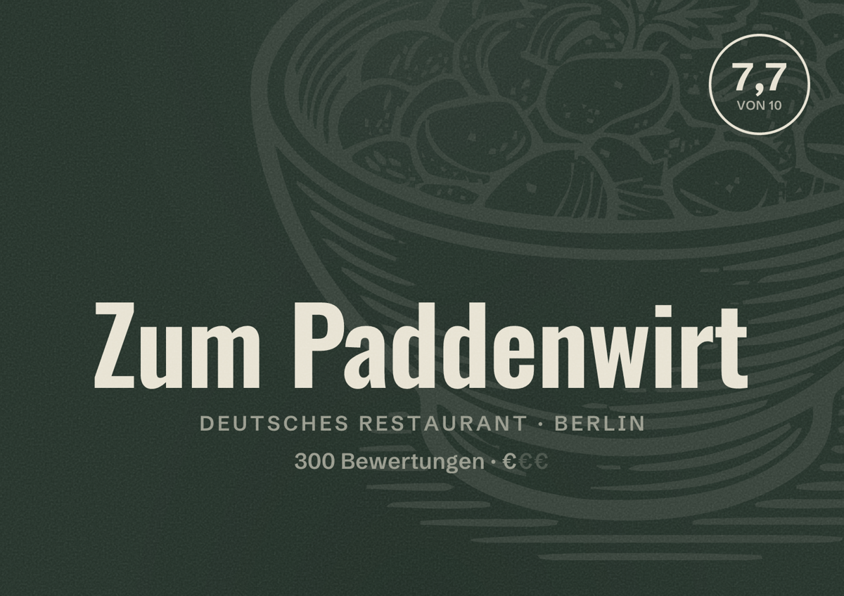 Illustriertes Poster von Zum Paddenwirt, Deutsches Restaurant in Berlin: Bewertung 7,7 von 10 aus 300 Bewertungen, Preisniveau €