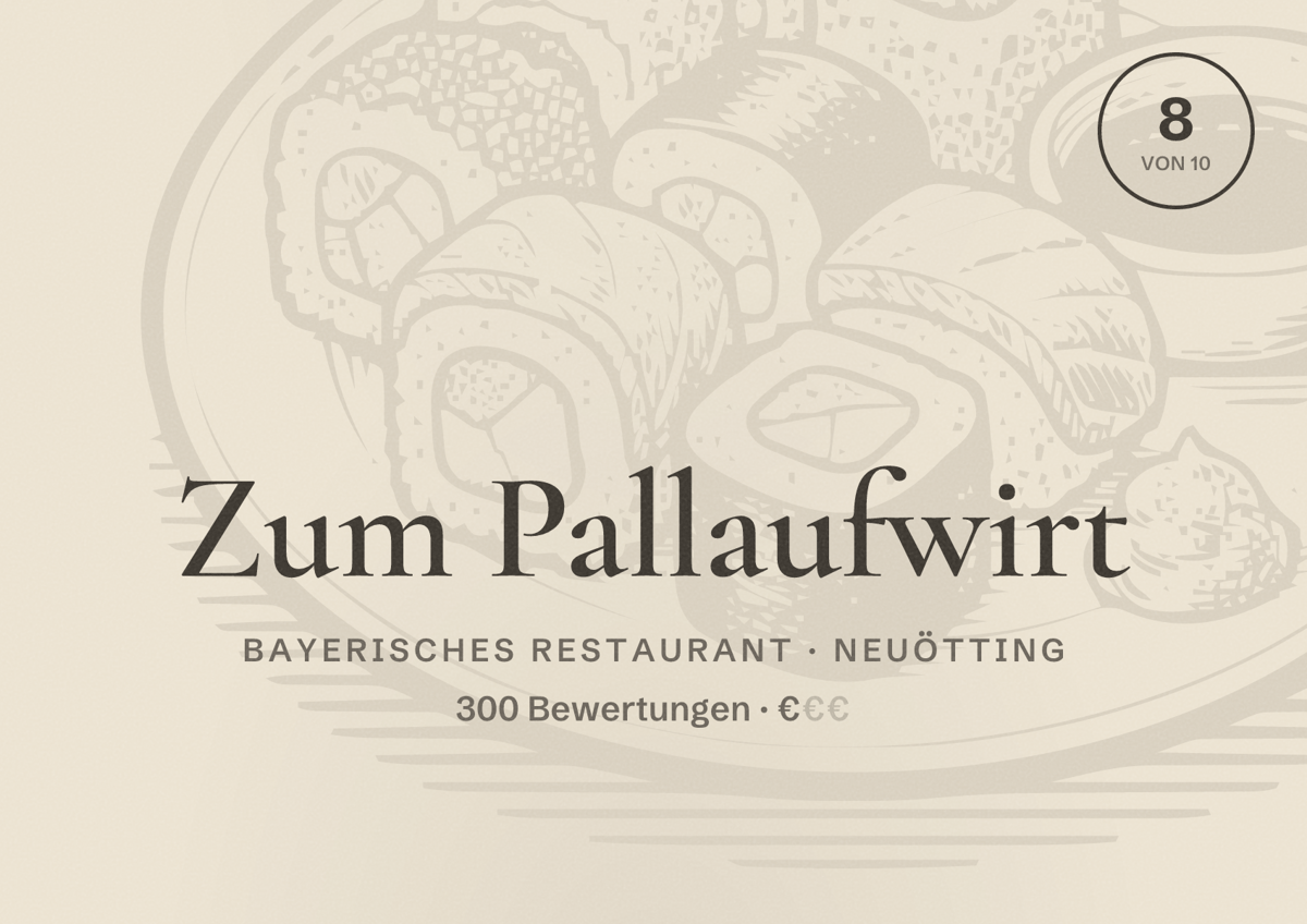 Illustriertes Poster von Zum Pallaufwirt, Bayerisches Restaurant in Neuötting: Bewertung 8 von 10 aus 300 Bewertungen, Preisniveau €