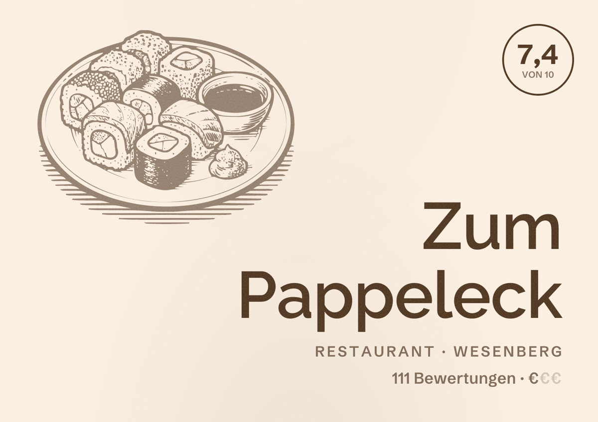Illustriertes Poster von Zum Pappeleck, Restaurant in Wesenberg: Bewertung 7,4 von 10 aus 111 Bewertungen, Preisniveau €
