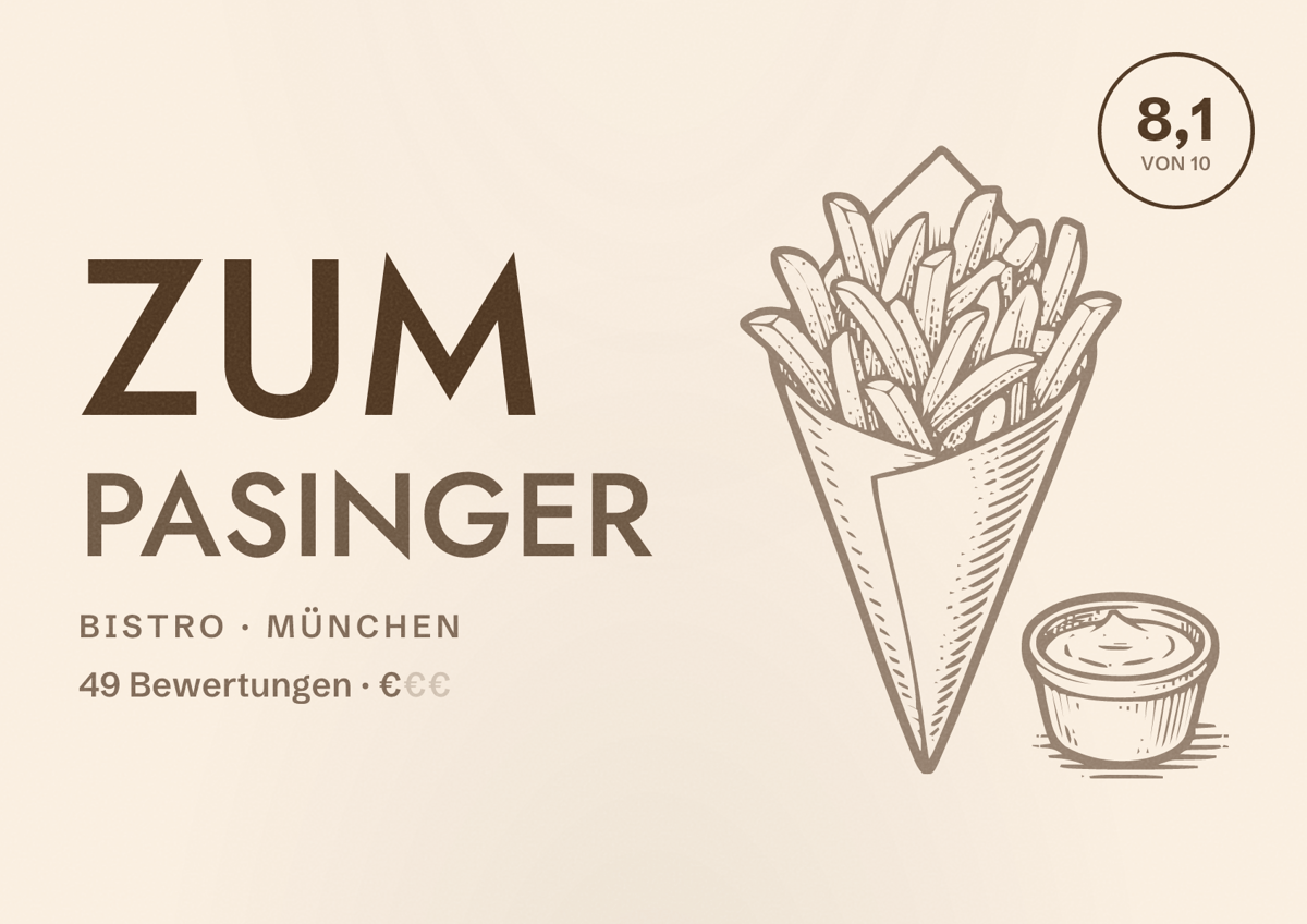 Illustriertes Poster von Zum Pasinger, Bistro in München: Bewertung 8,1 von 10 aus 49 Bewertungen, Preisniveau €
