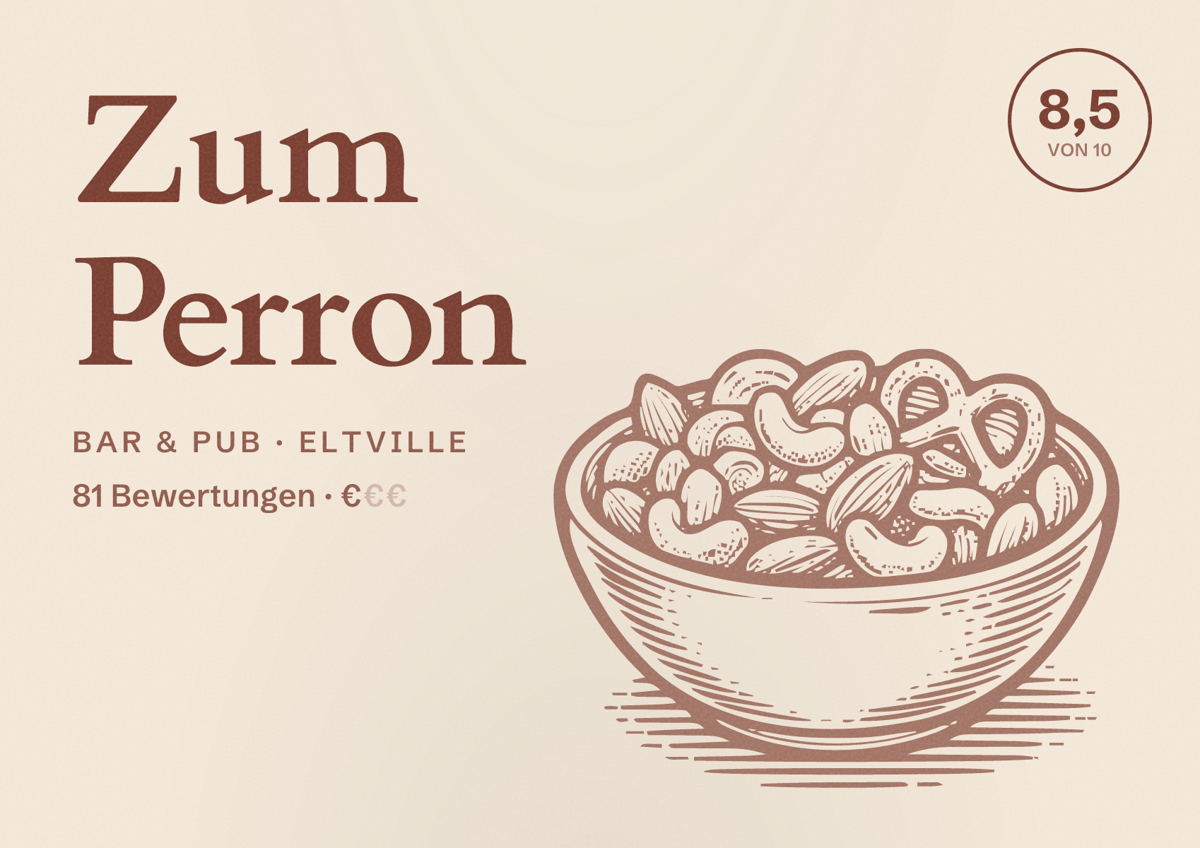 Illustriertes Poster von Zum Perron, Bar & Pub in Eltville: Bewertung 8,5 von 10 aus 81 Bewertungen, Preisniveau €