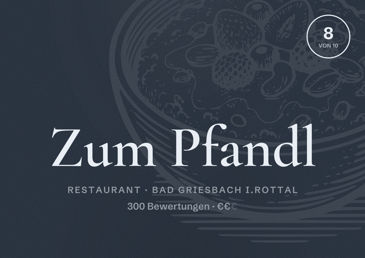 Illustriertes Poster von Zum Pfandl, Restaurant in Bad Griesbach i.Rottal: Bewertung 8 von 10 aus 300 Bewertungen, Preisniveau €€