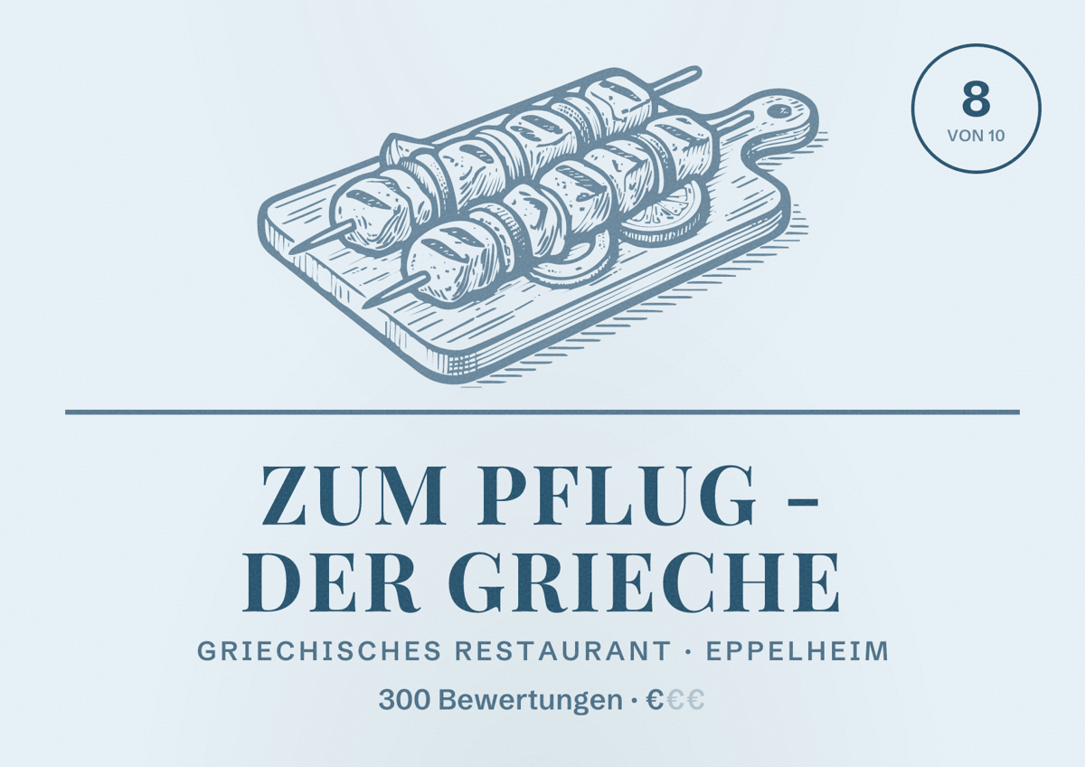 Illustriertes Poster von Zum Pflug - Der Grieche, Griechisches Restaurant in Eppelheim: Bewertung 8 von 10 aus 300 Bewertungen, Preisniveau €