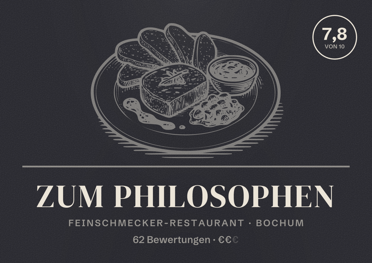 Illustriertes Poster von Zum Philosophen, Feinschmecker-Restaurant in Bochum: Bewertung 7,8 von 10 aus 62 Bewertungen, Preisniveau €€