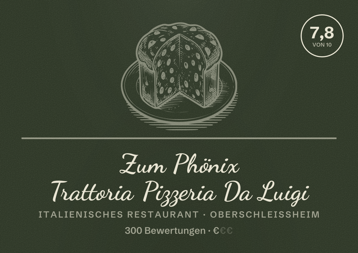 Illustriertes Poster von Zum Phönix Trattoria Pizzeria Da Luigi, Italienisches Restaurant in Oberschleißheim: Bewertung 7,8 von 10 aus 300 Bewertungen, Preisniveau €