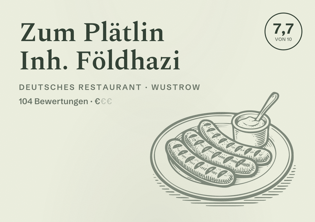 Illustriertes Poster von Zum Plätlin Inh. Földhazi, Deutsches Restaurant in Wustrow: Bewertung 7,7 von 10 aus 104 Bewertungen, Preisniveau €