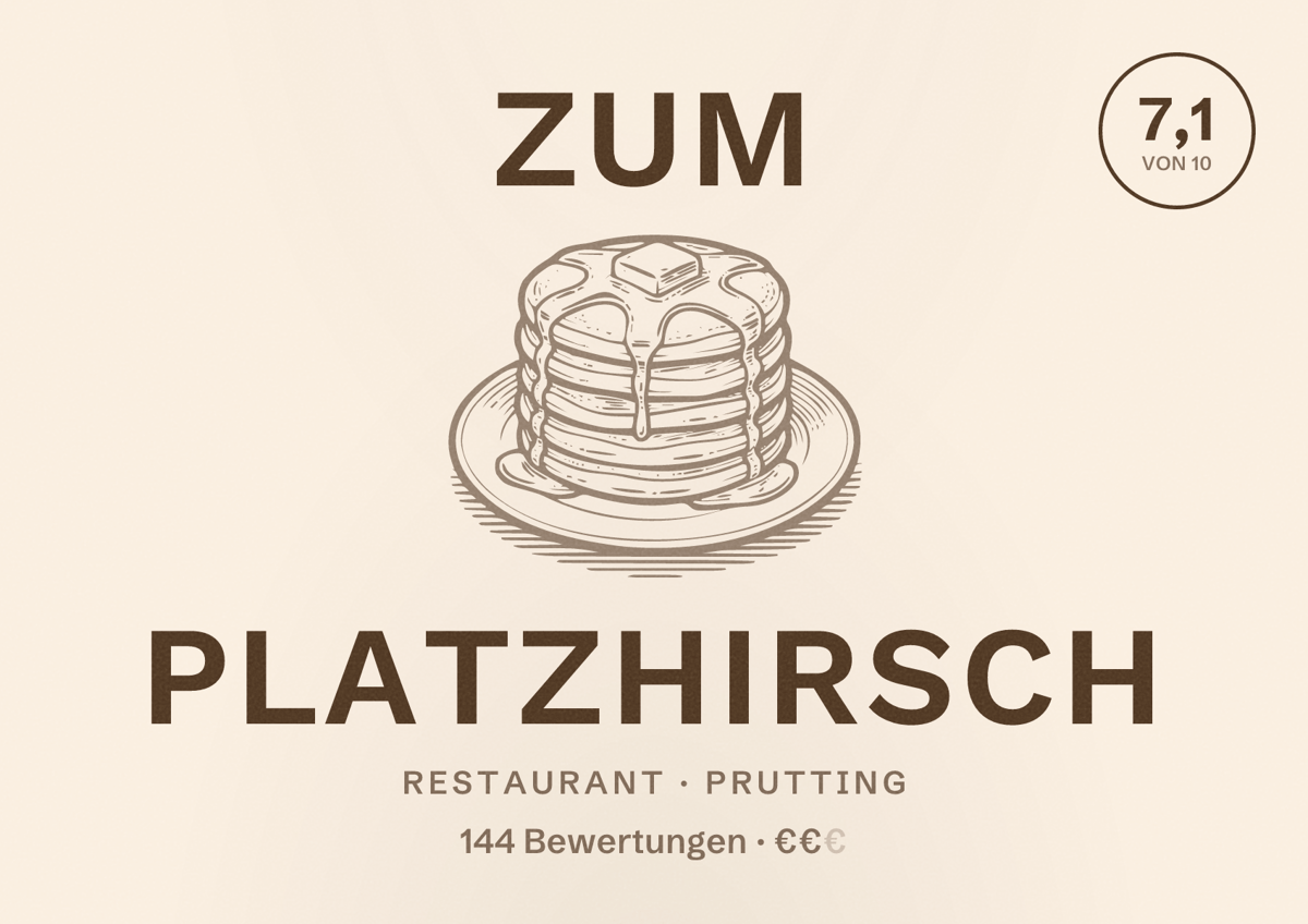 Illustriertes Poster von Zum Platzhirsch, Restaurant in Prutting: Bewertung 7,1 von 10 aus 144 Bewertungen, Preisniveau €€