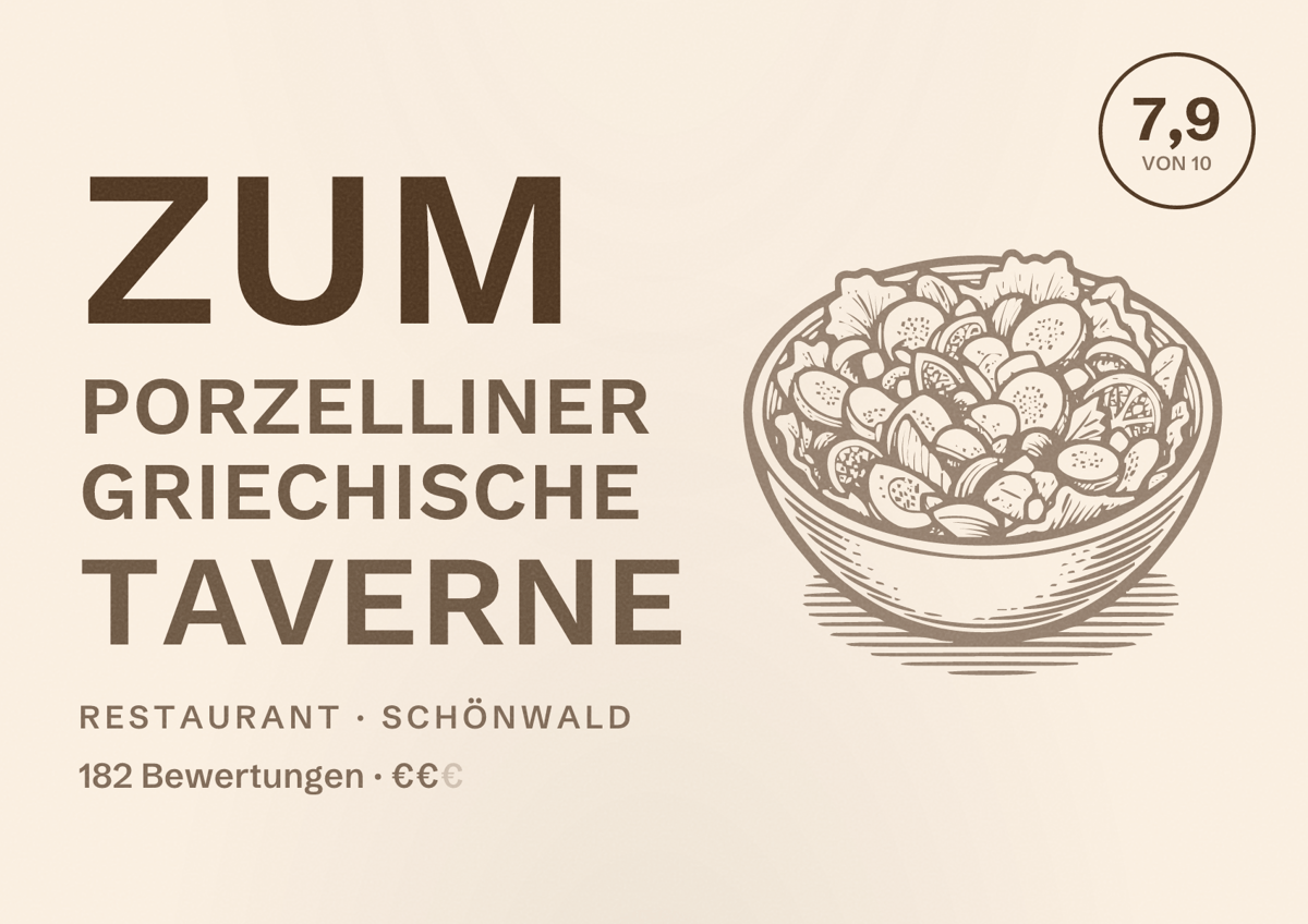 Illustriertes Poster von Zum Porzelliner Griechische Taverne, Restaurant in Schönwald: Bewertung 7,9 von 10 aus 182 Bewertungen, Preisniveau €€