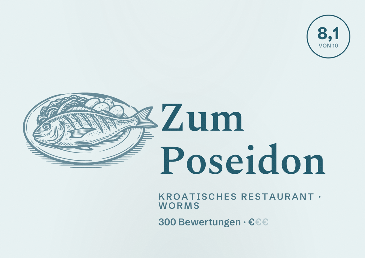 Illustriertes Poster von Zum Poseidon, Kroatisches Restaurant in Worms: Bewertung 8,1 von 10 aus 300 Bewertungen, Preisniveau €