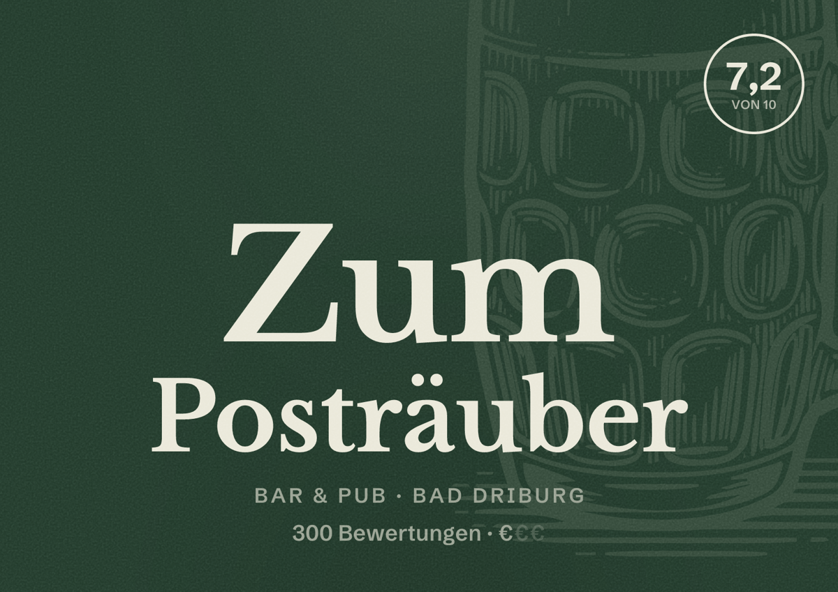 Illustriertes Poster von Zum Posträuber, Bar & Pub in Bad Driburg: Bewertung 7,2 von 10 aus 300 Bewertungen, Preisniveau €