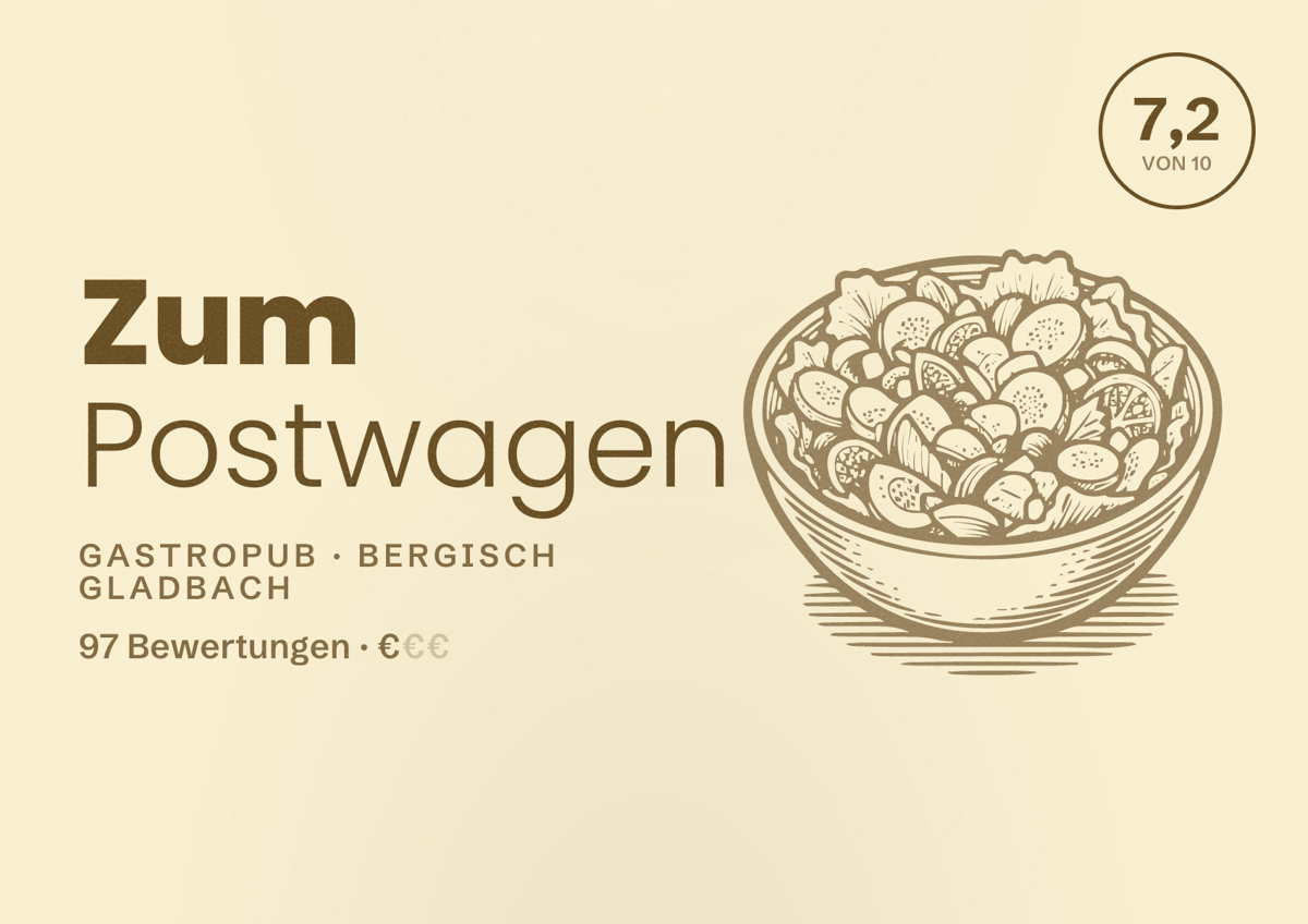 Illustriertes Poster von Zum Postwagen, Gastropub in Bergisch Gladbach: Bewertung 7,2 von 10 aus 97 Bewertungen, Preisniveau €