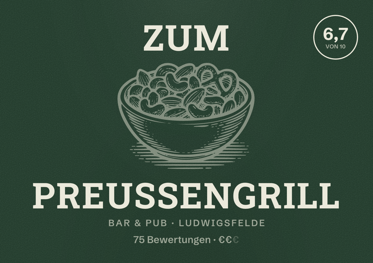 Illustriertes Poster von Zum Preußengrill, Bar & Pub in Ludwigsfelde: Bewertung 6,7 von 10 aus 75 Bewertungen, Preisniveau €€