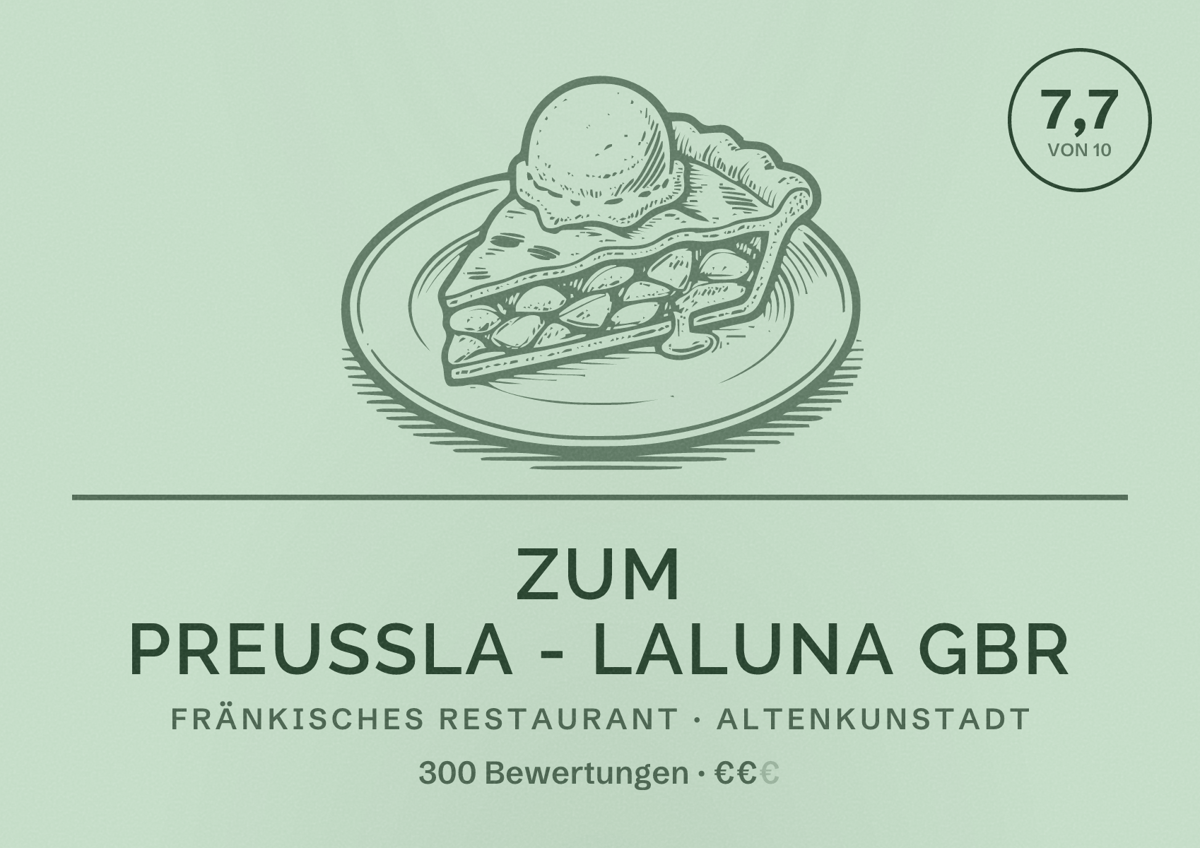 Illustriertes Poster von Zum Preußla - LaLuna GbR, Fränkisches Restaurant in Altenkunstadt: Bewertung 7,7 von 10 aus 300 Bewertungen, Preisniveau €€