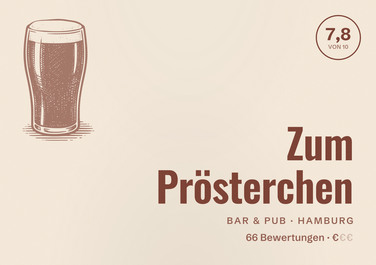 Illustriertes Poster von Zum Prösterchen, Bar & Pub in Hamburg: Bewertung 7,8 von 10 aus 66 Bewertungen, Preisniveau €