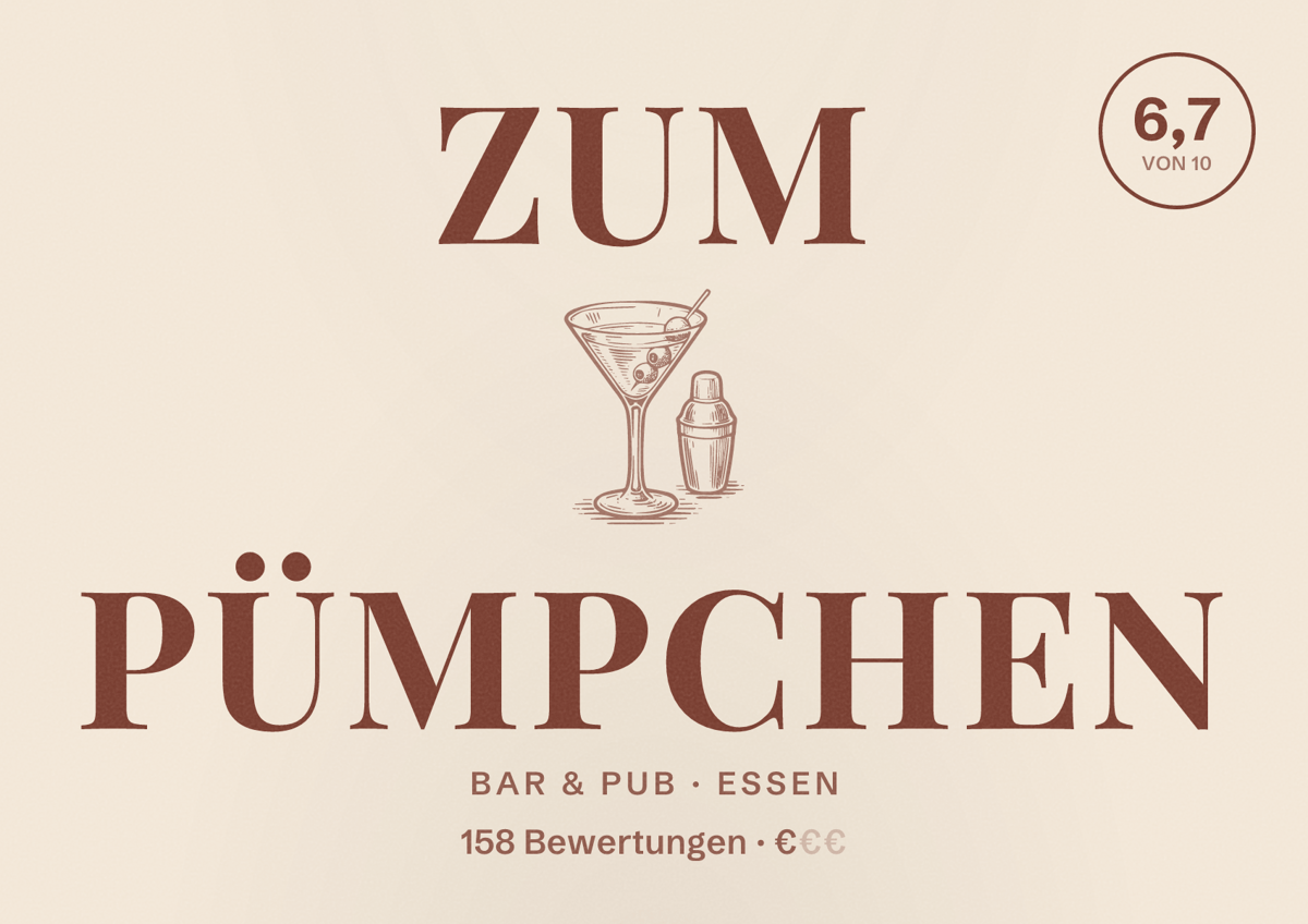 Illustriertes Poster von Zum Pümpchen, Bar & Pub in Essen: Bewertung 6,7 von 10 aus 158 Bewertungen, Preisniveau €