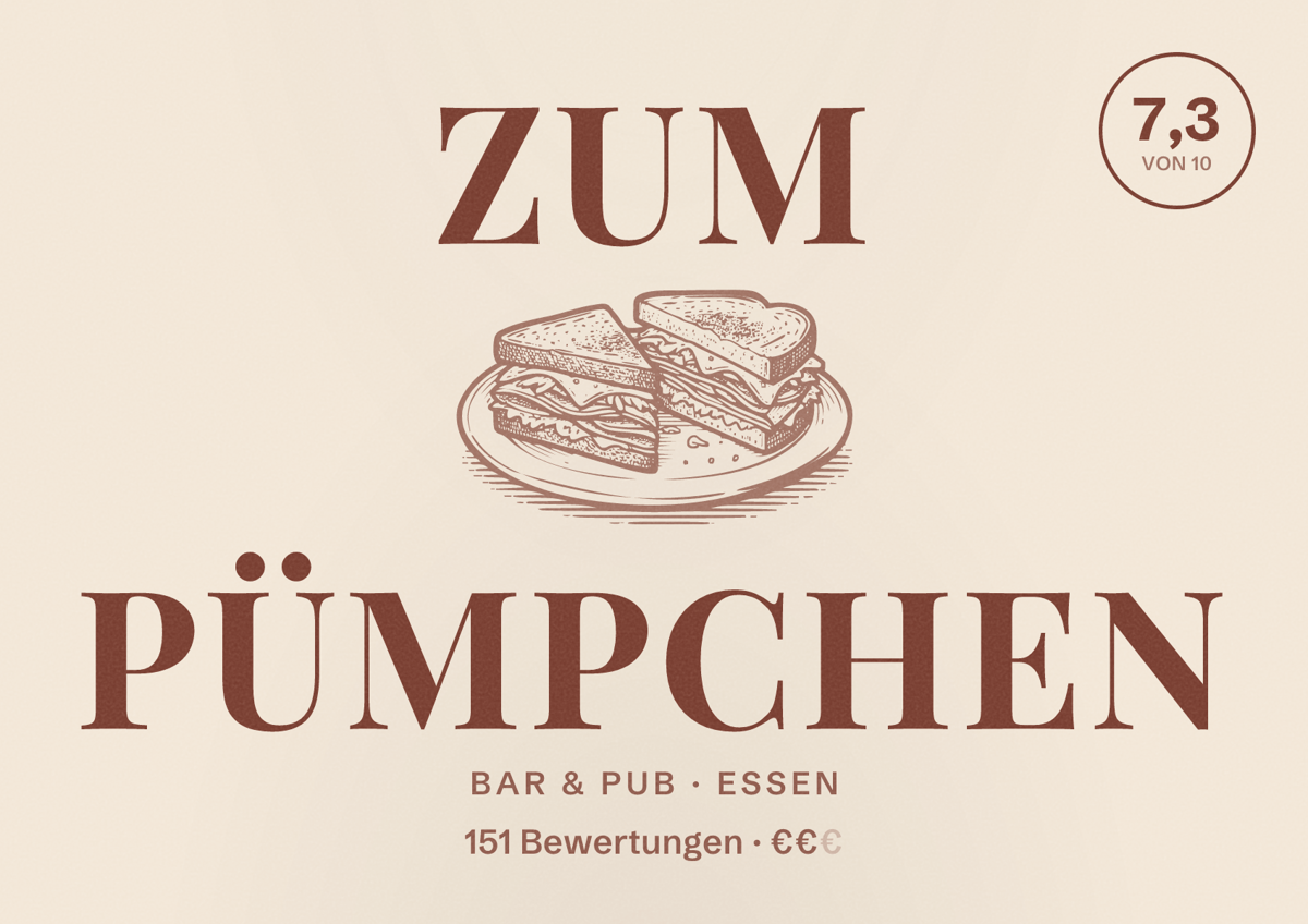 Illustriertes Poster von Zum Pümpchen, Bar & Pub in Essen: Bewertung 7,3 von 10 aus 151 Bewertungen, Preisniveau €€