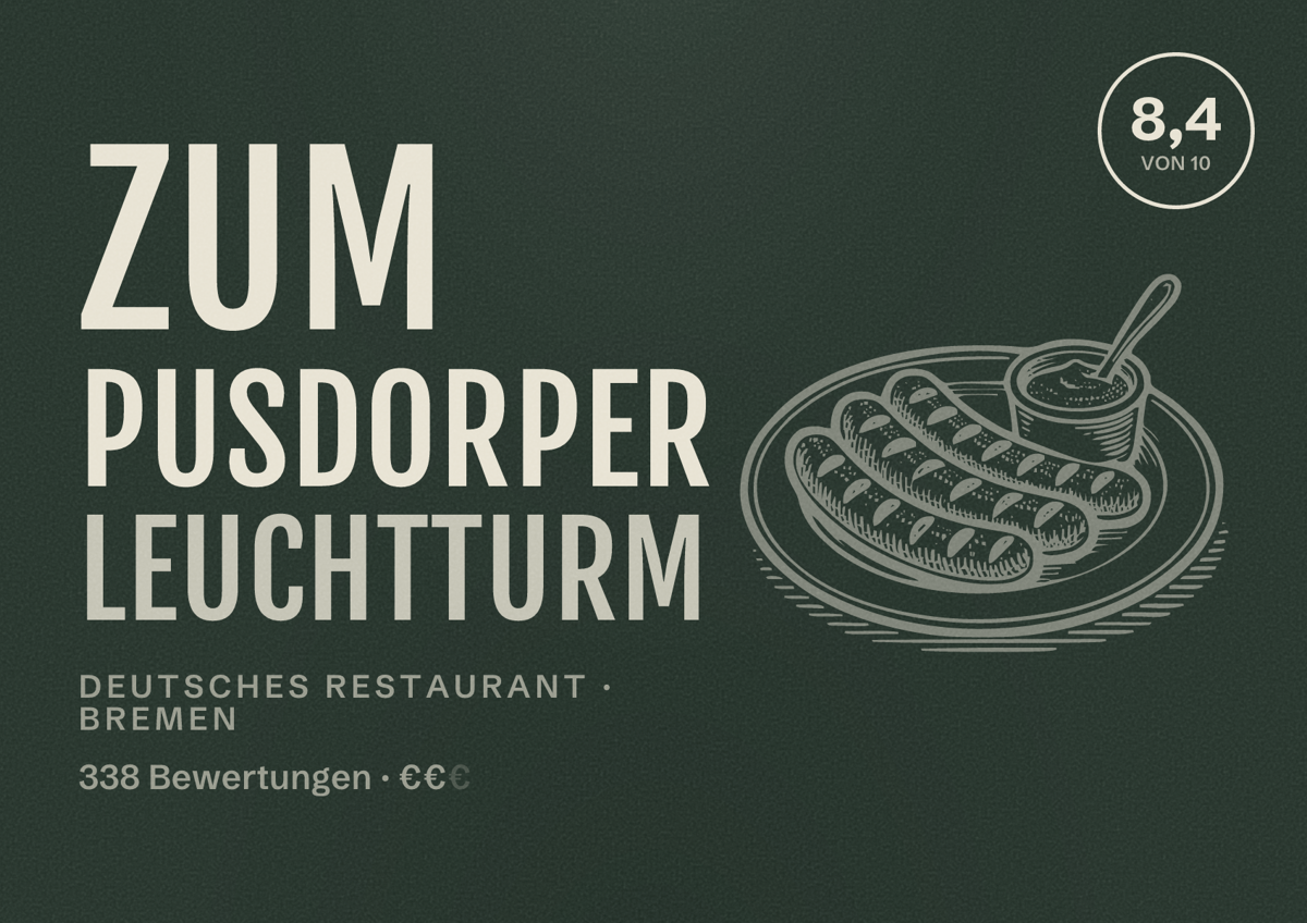 Illustriertes Poster von Zum Pusdorper Leuchtturm, Deutsches Restaurant in Bremen: Bewertung 8,4 von 10 aus 338 Bewertungen, Preisniveau €€