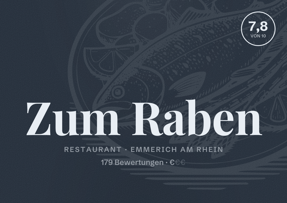 Illustriertes Poster von Zum Raben, Restaurant in Emmerich am Rhein: Bewertung 7,8 von 10 aus 179 Bewertungen, Preisniveau €