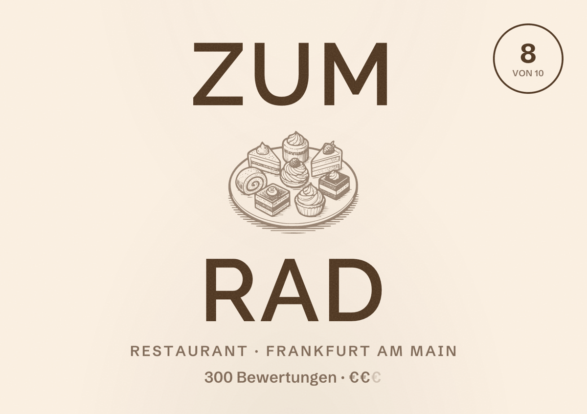 Illustriertes Poster von Zum Rad, Restaurant in Frankfurt am Main: Bewertung 8,0 von 10 aus 300 Bewertungen, Preisniveau €€