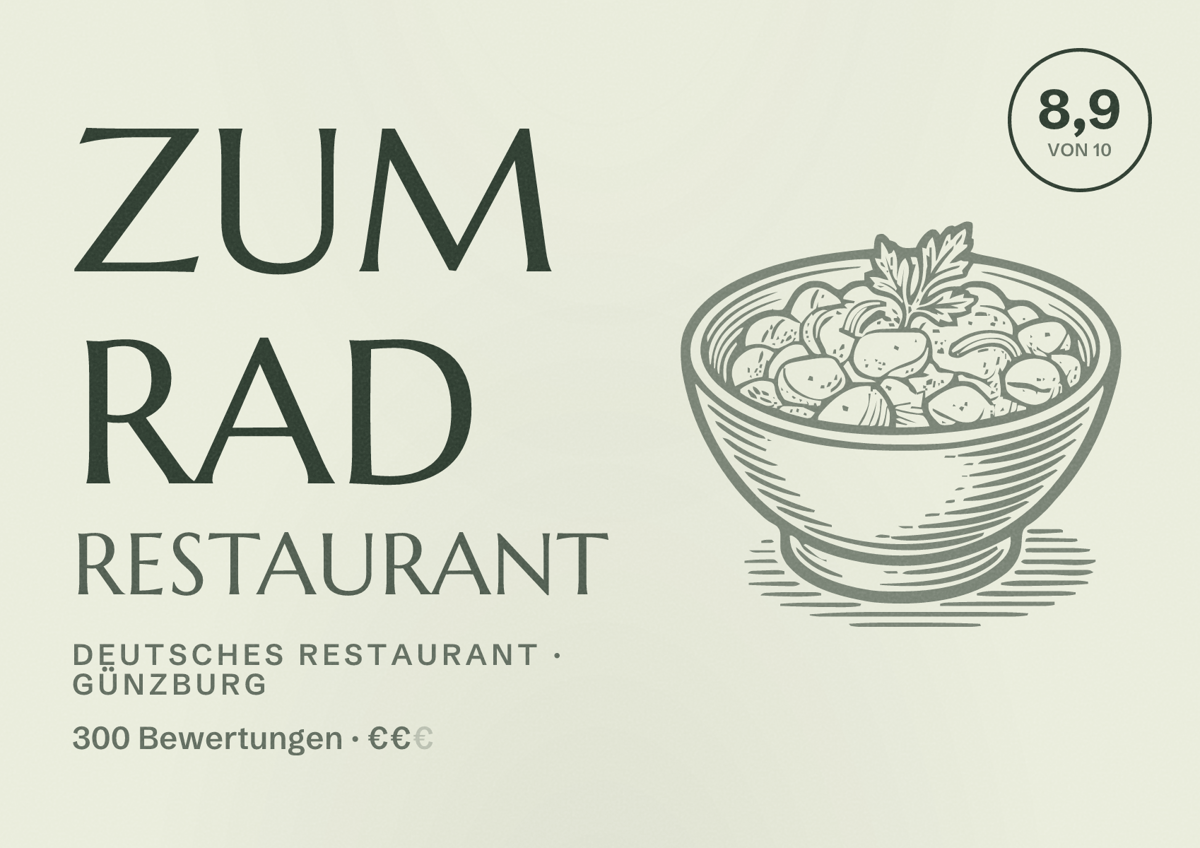 Illustriertes Poster von Zum Rad Restaurant, Deutsches Restaurant in Günzburg: Bewertung 8,9 von 10 aus 300 Bewertungen, Preisniveau €€