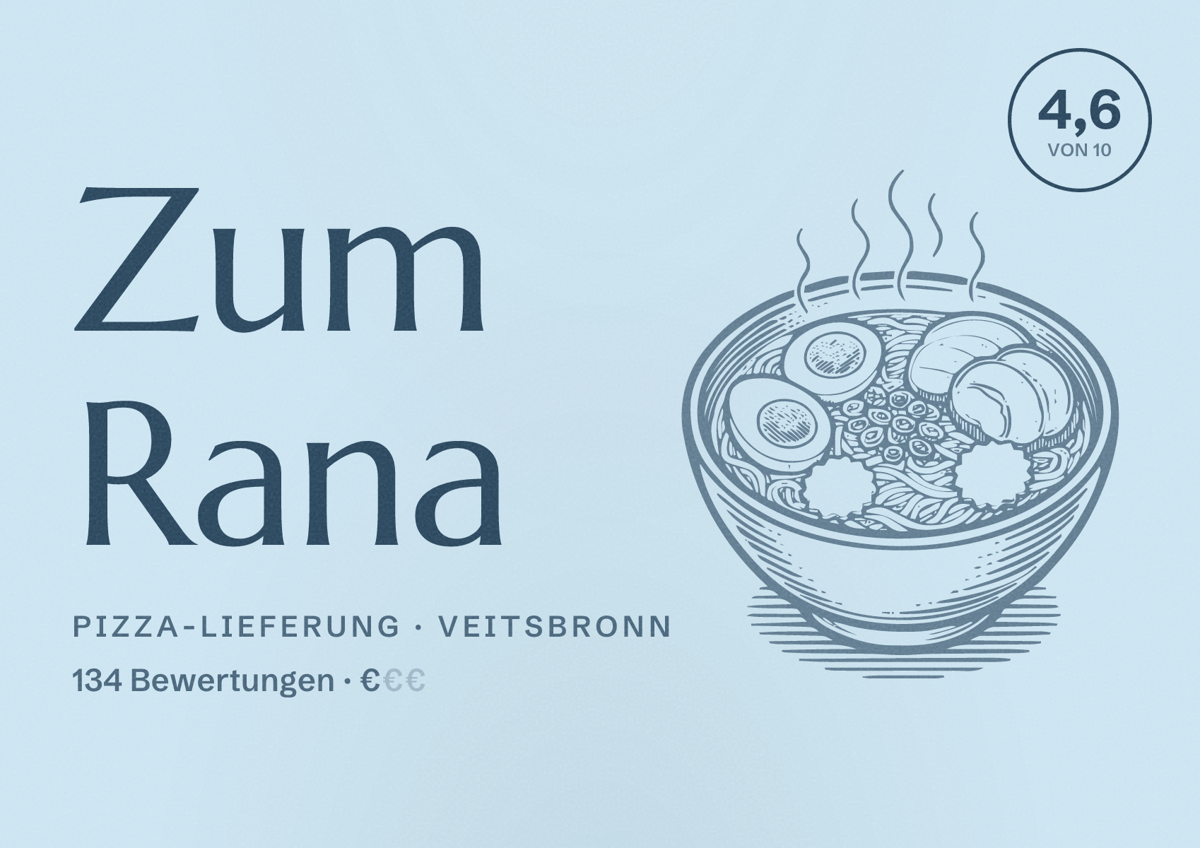 Illustriertes Poster von Zum Rana, Pizza-Lieferung in Veitsbronn: Bewertung 4,6 von 10 aus 134 Bewertungen, Preisniveau €