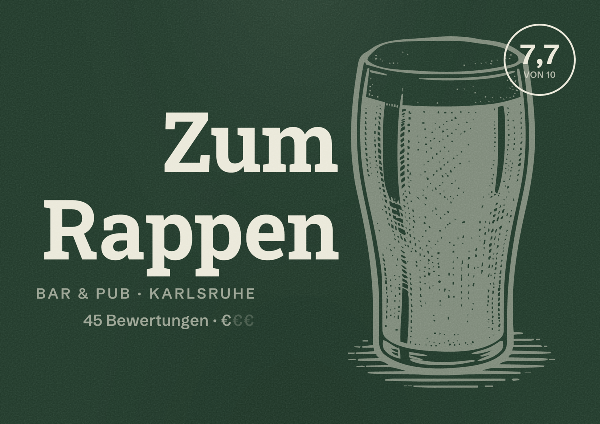 Illustriertes Poster von Zum Rappen, Bar & Pub in Karlsruhe: Bewertung 7,7 von 10 aus 45 Bewertungen, Preisniveau €