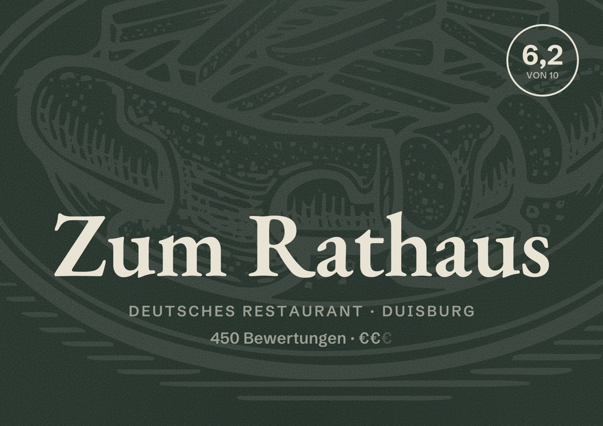 Illustriertes Poster von Zum Rathaus, Deutsches Restaurant in Duisburg: Bewertung 6,2 von 10 aus 450 Bewertungen, Preisniveau €€