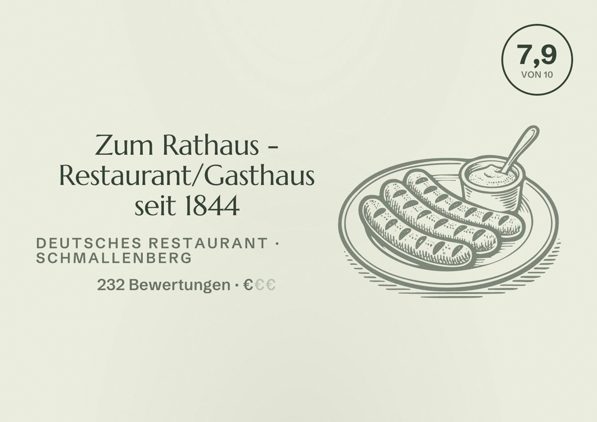 Illustriertes Poster von Zum Rathaus - Restaurant/Gasthaus seit 1844, Deutsches Restaurant in Schmallenberg: Bewertung 7,9 von 10 aus 232 Bewertungen, Preisniveau €